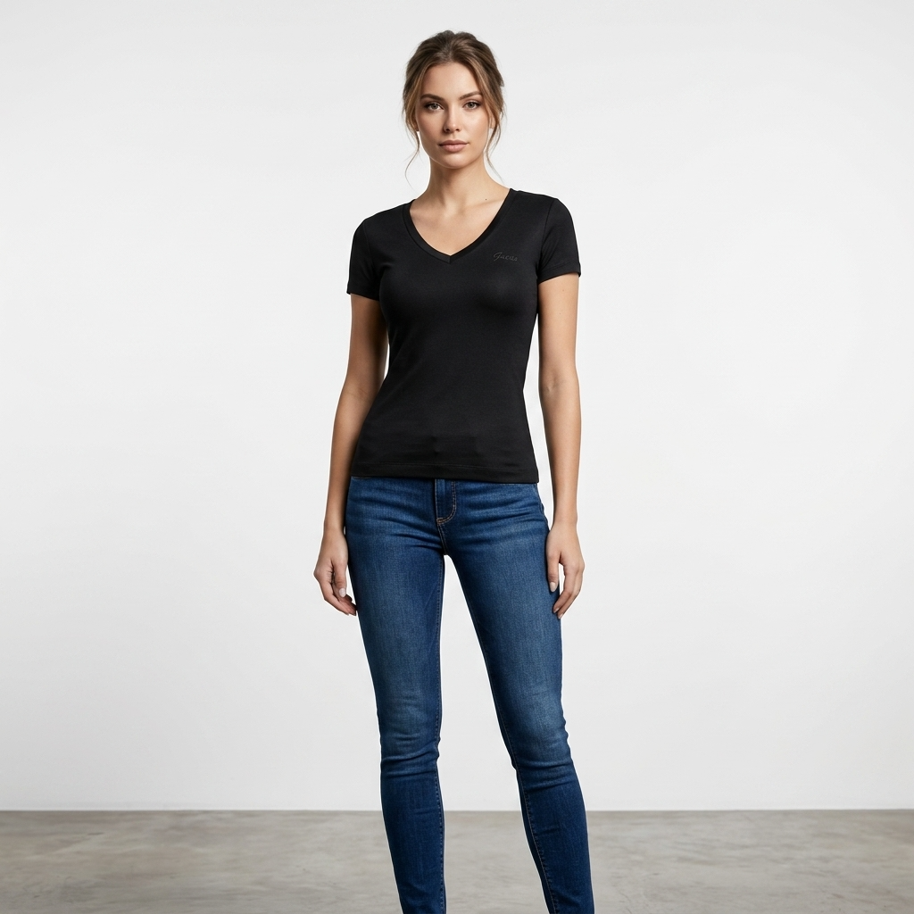 482845 Guess T-Shirt Nera Scollo V Donna