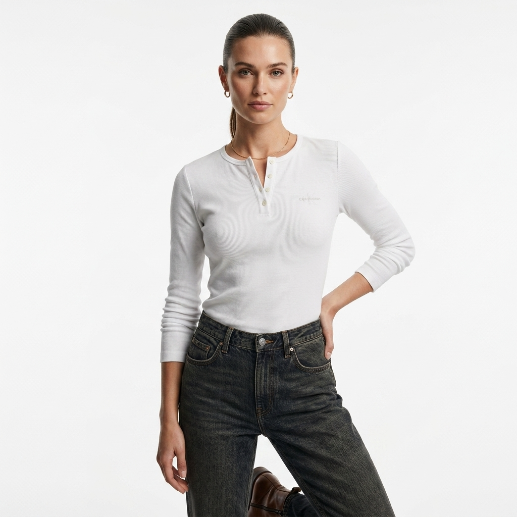 497986 Calvin Klein Jeans Maglia Bianca Maniche Lunghe Donna