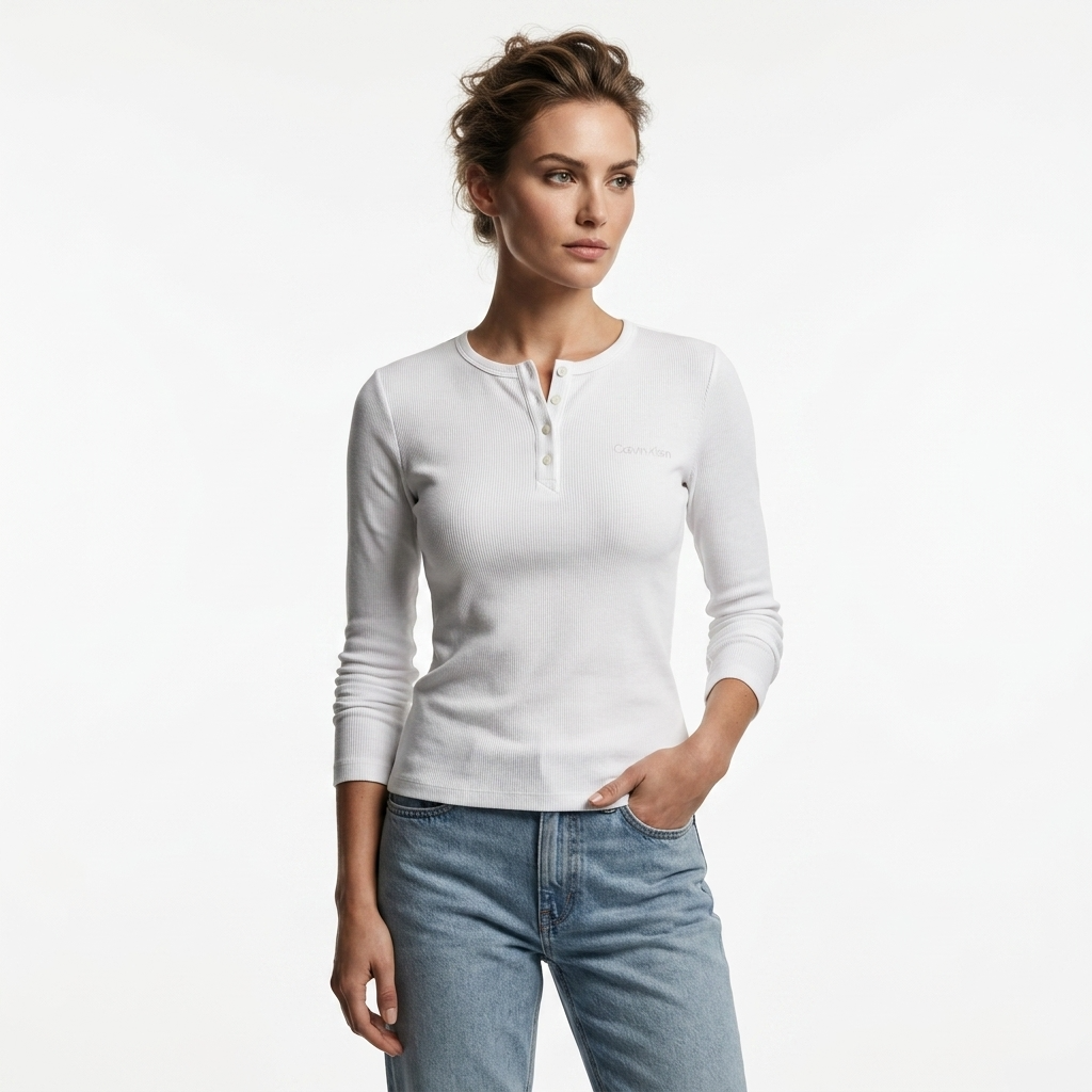 497986 Calvin Klein Jeans Maglia Bianca Maniche Lunghe Donna