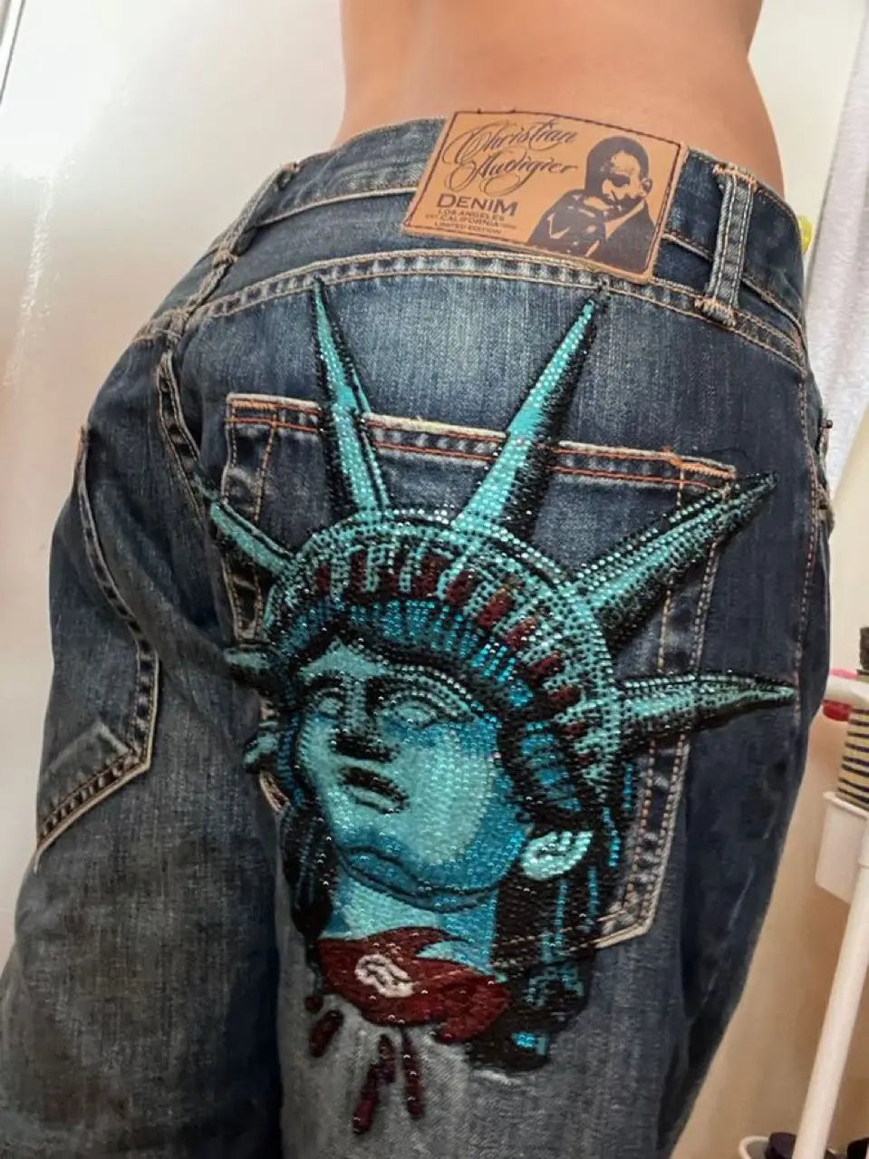 Jeans con diamanti della Statua della Libertà degli anni 2000, pantaloni casual in denim, vita alta, dritti, gamba larga, abbigliamento vintage da donna Harajuku
