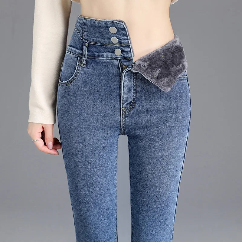Jeans skinny caldi a vita alta in pile spesso invernale termico da donna, pantaloni a matita elasticizzati con bottoni.