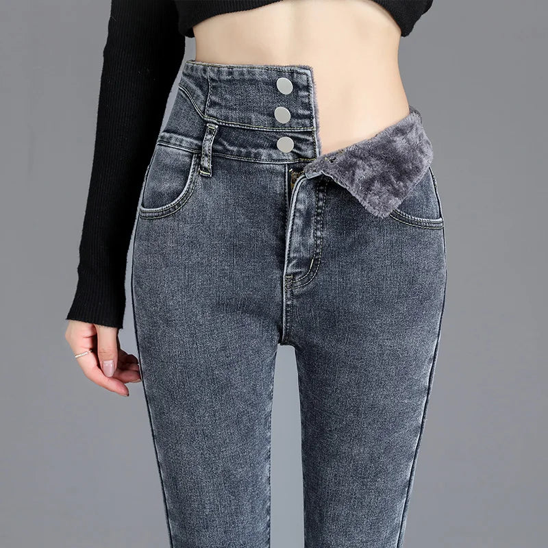 Jeans skinny caldi a vita alta in pile spesso invernale termico da donna, pantaloni a matita elasticizzati con bottoni.
