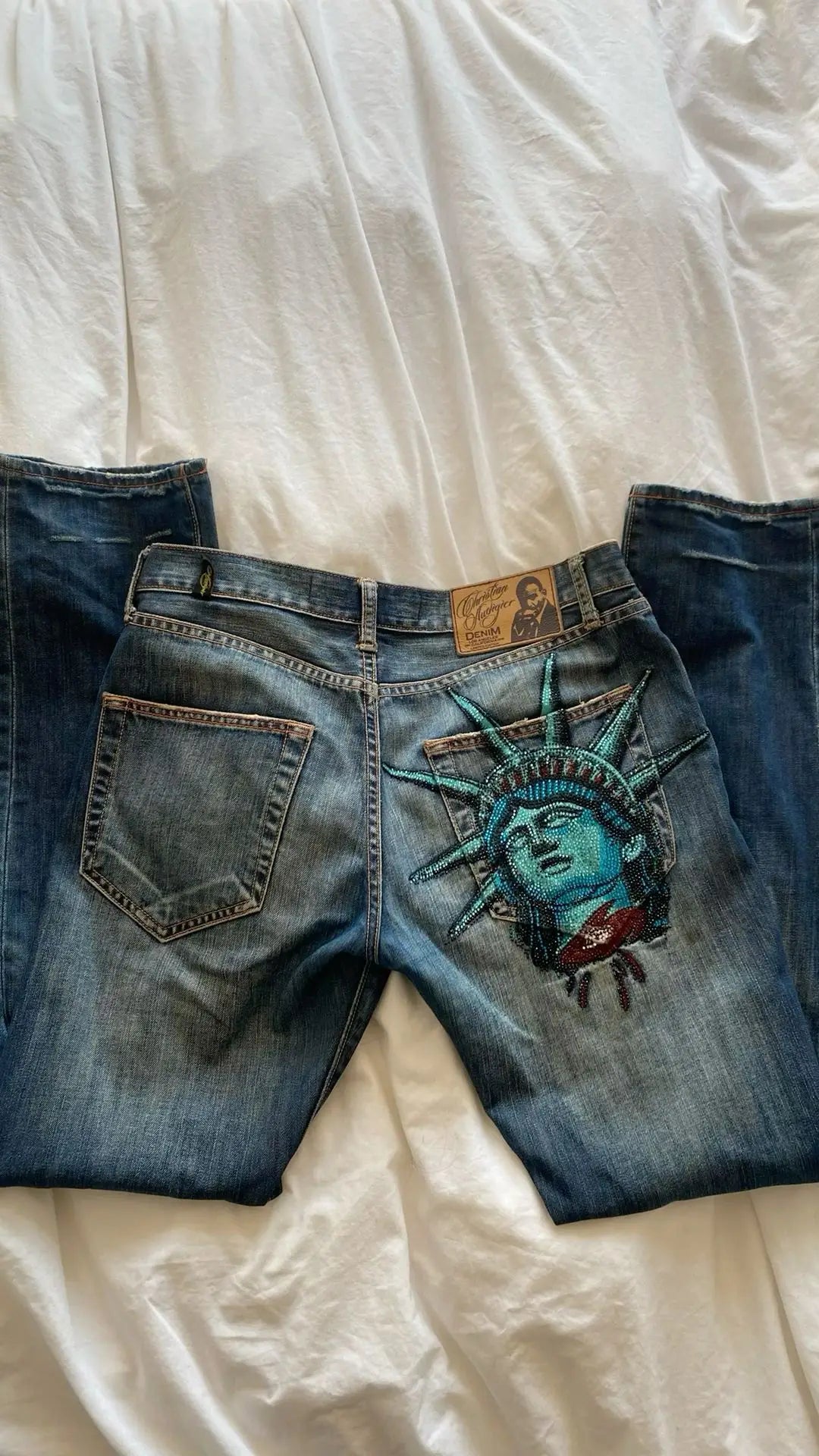 Jeans con diamanti della Statua della Libertà degli anni 2000, pantaloni casual in denim, vita alta, dritti, gamba larga, abbigliamento vintage da donna Harajuku