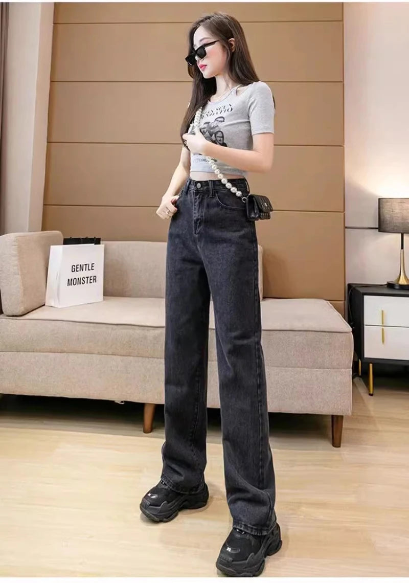 Pantaloni larghi in denim da donna, nuovi, design Sense, pantaloni retrò a gamba dritta, pantaloni larghi casual alla moda, tinta unita