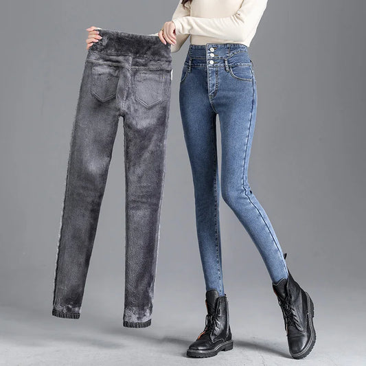 Jeans skinny caldi a vita alta in pile spesso invernale termico da donna, pantaloni a matita elasticizzati con bottoni.