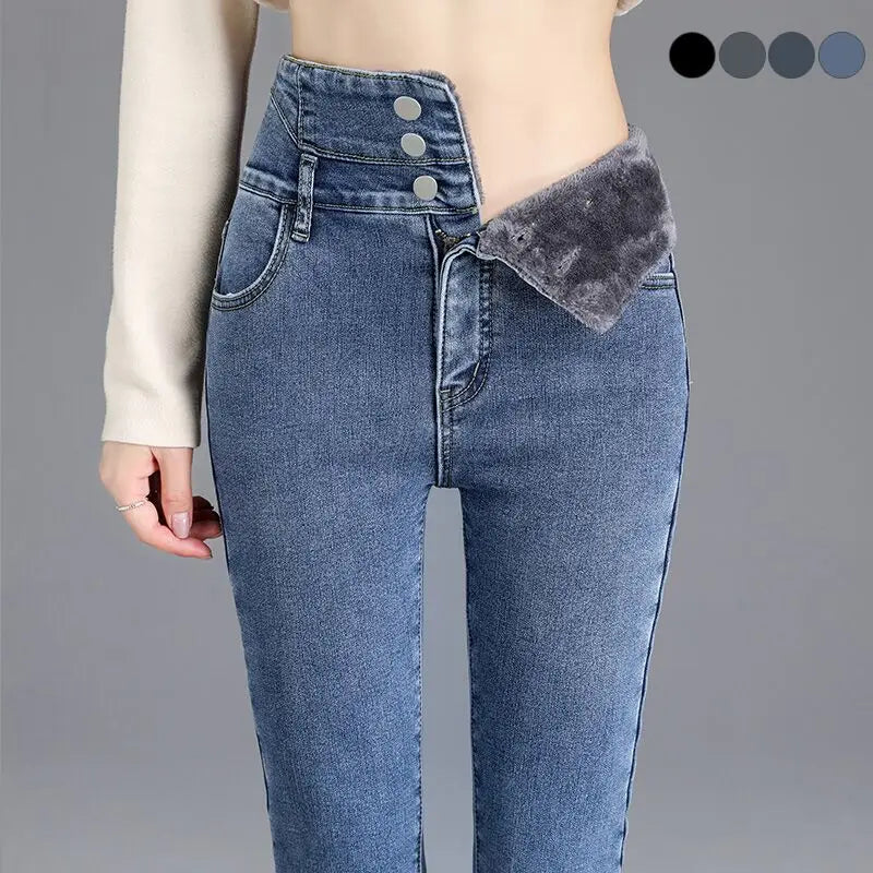 Jeans skinny caldi a vita alta in pile spesso invernale termico da donna, pantaloni a matita elasticizzati con bottoni.