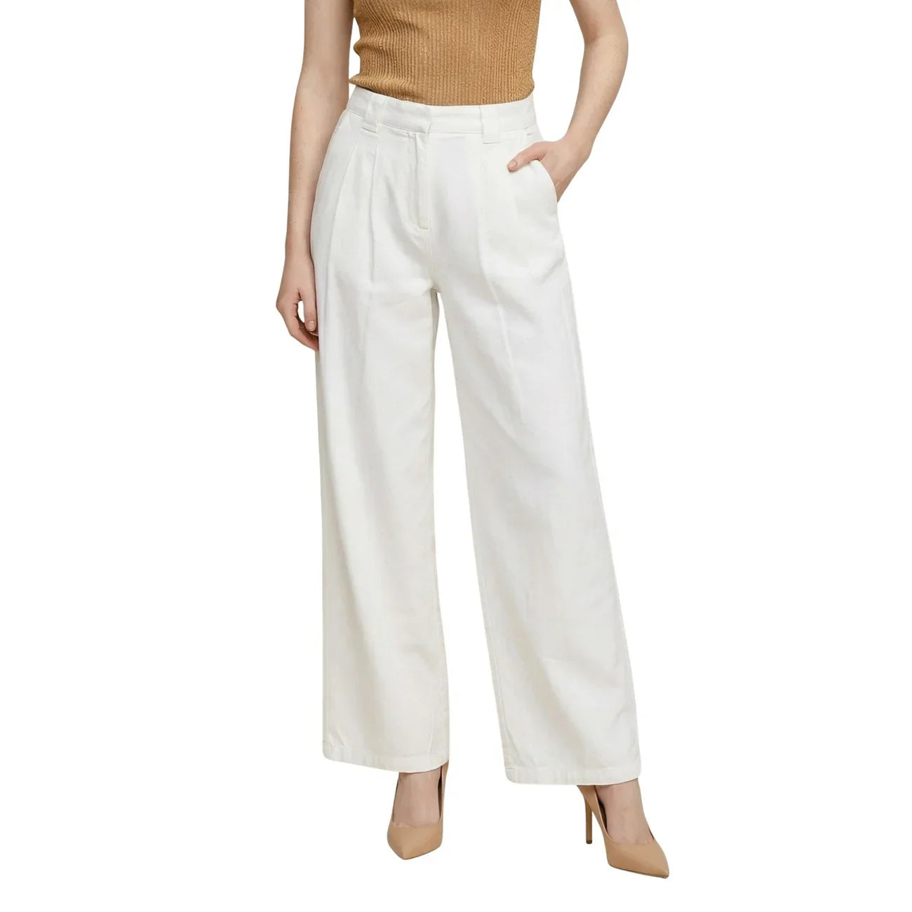 516214 Only Pantaloni Beige Lino Viscosa Donna
