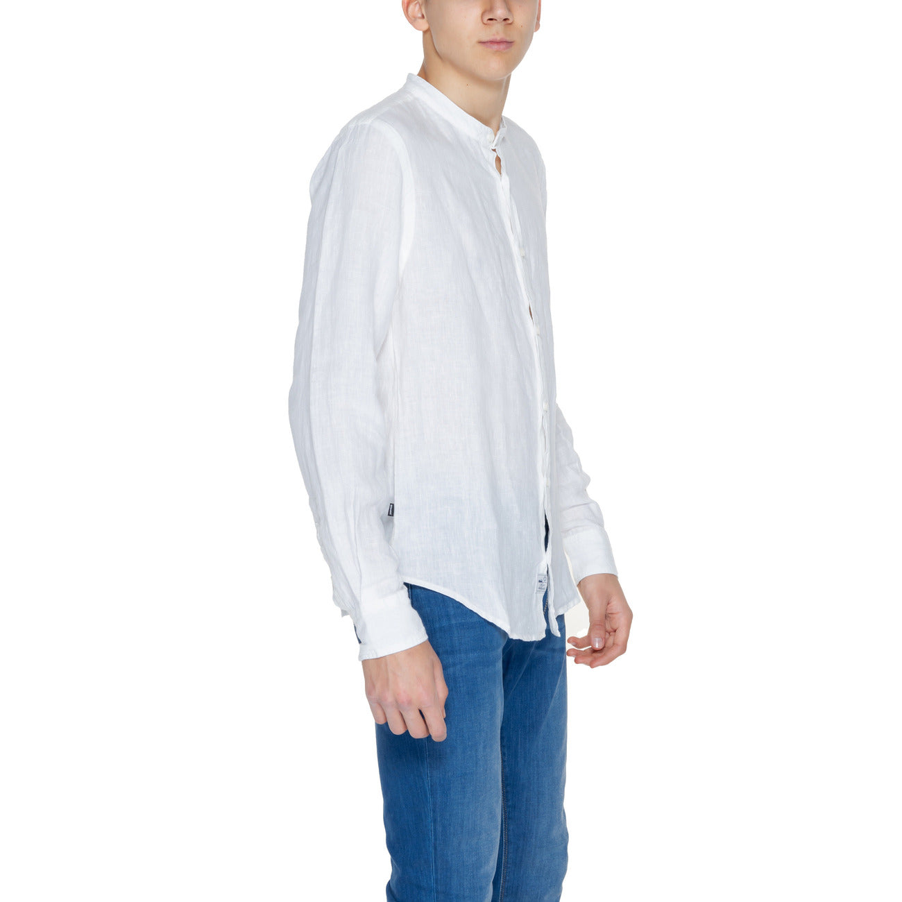 2250732 Blauer Camicia Bianca Lino Colletto Coreano Uomo