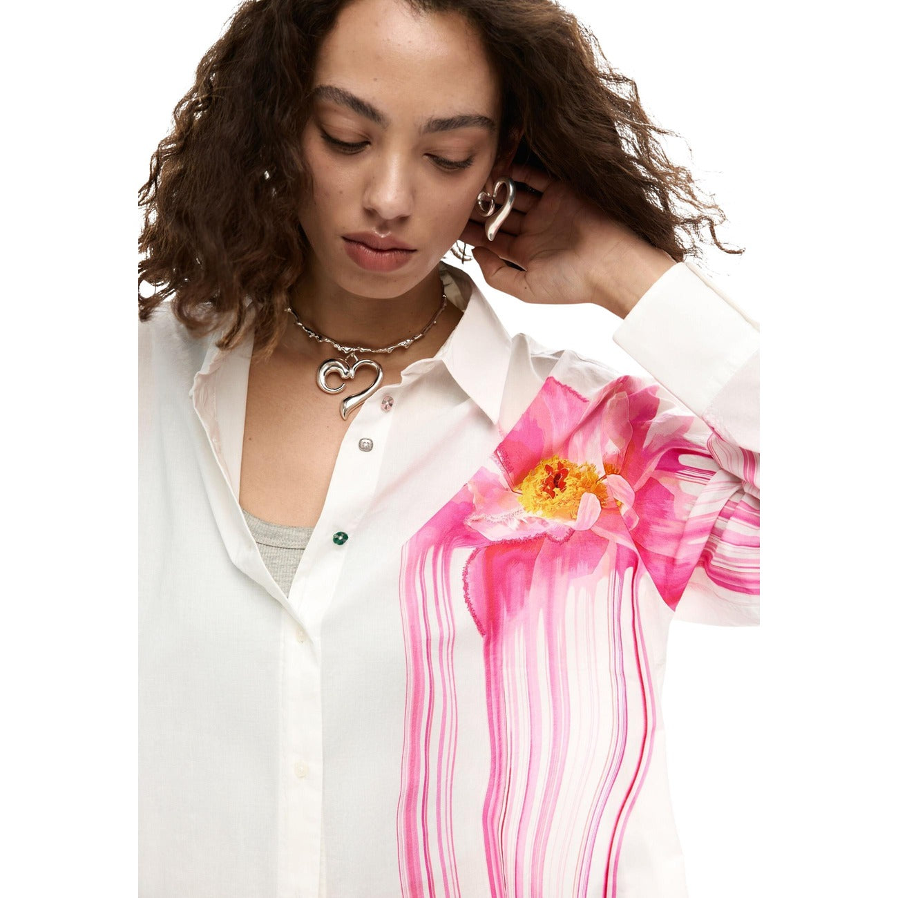 2454634 Desigual Camicia Donna Bianca Floreale Cotone