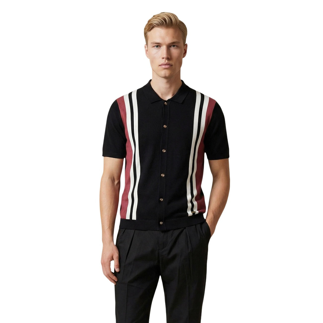 2461053 Gianni Lupo Cardigan Nero Righe Maniche Corte Uomo