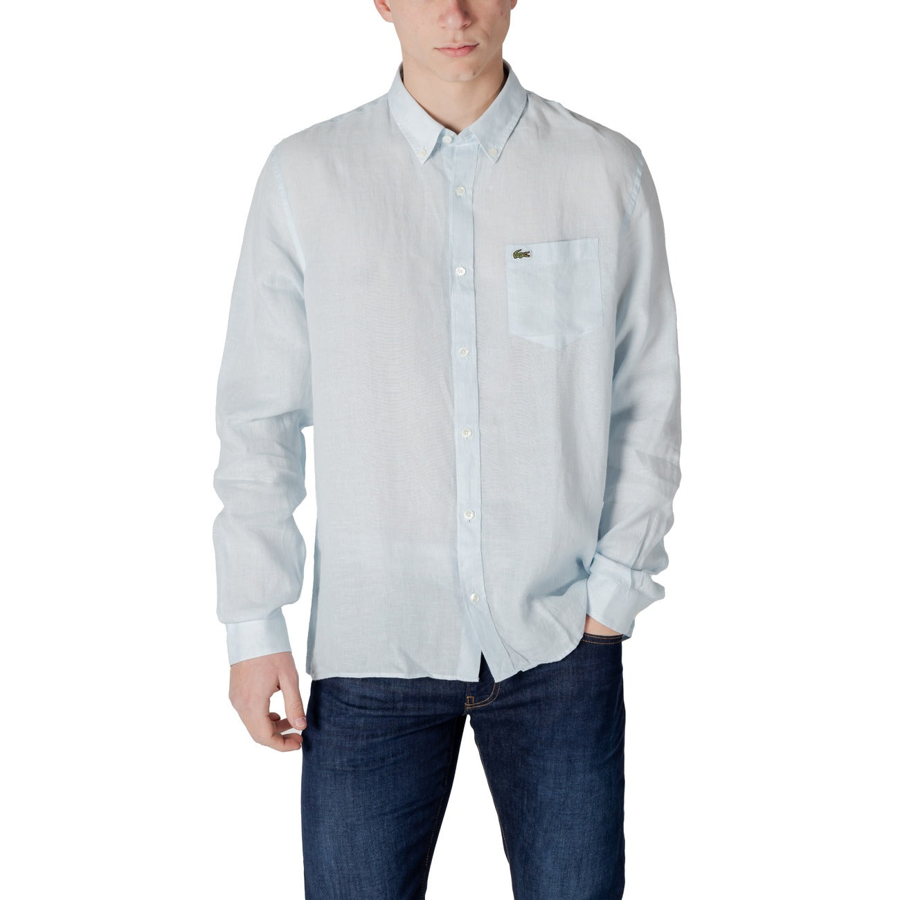 2413007 Lacoste Camicia Azzurra Lino Uomo