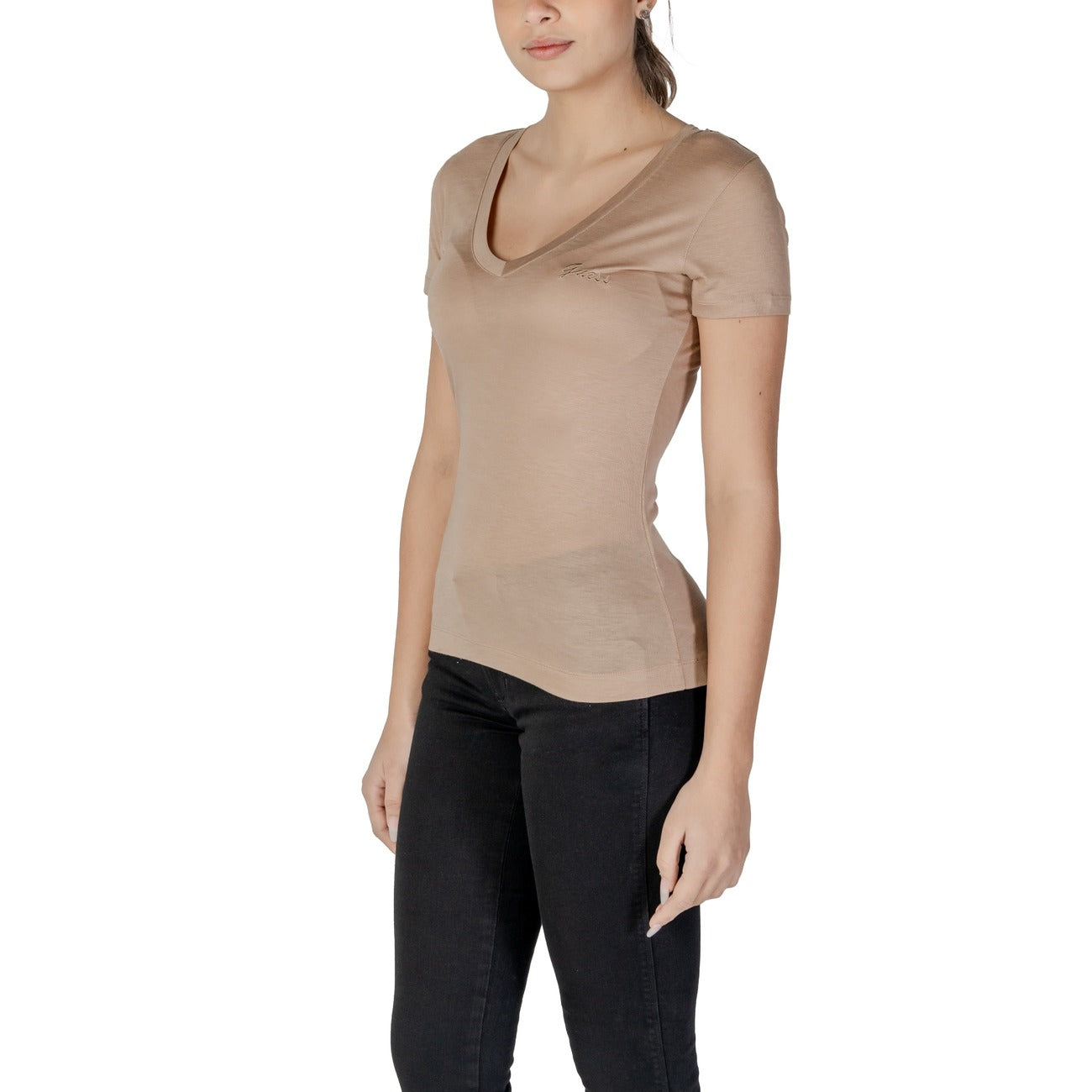 482846 Guess T-Shirt Beige Scollo V Donna