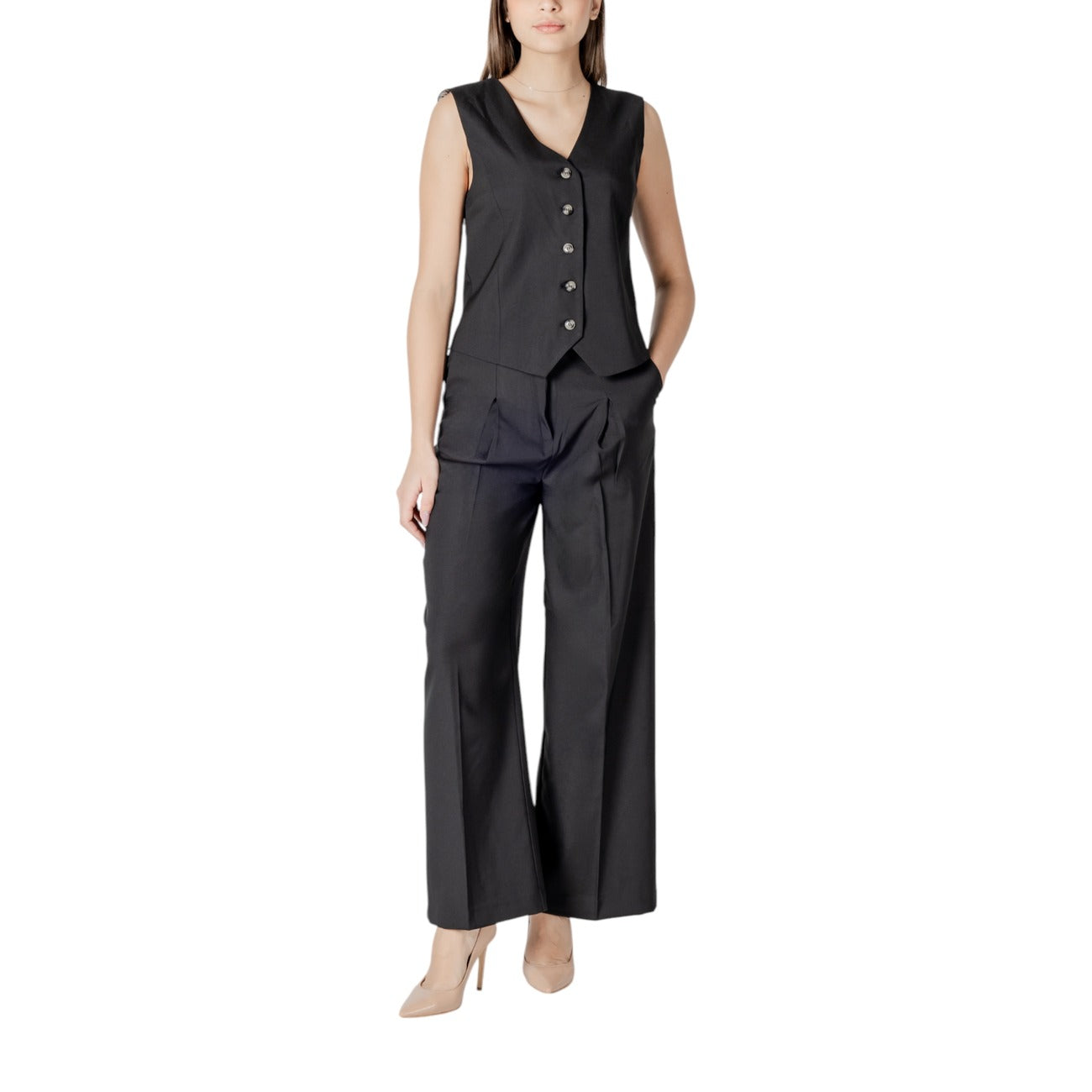 2413622 Ichi Pantaloni Neri Zip Tasche Donna