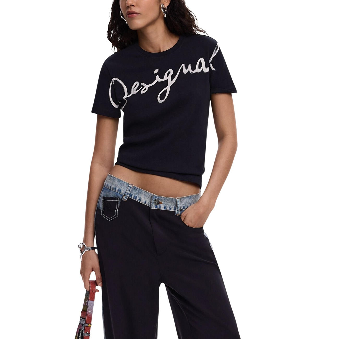 2451093 Desigual T-Shirt Donna Nera Stampa Cotone