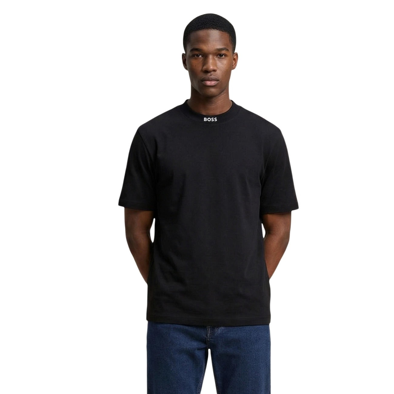 2459335 Boss T-Shirt Nera Cotone Elastan Scollo Tondo Uomo