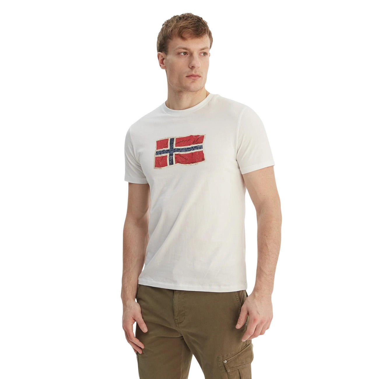 2458192 Napapijri T-Shirt Beige Cotone Stampa Scollo Tondo Uomo