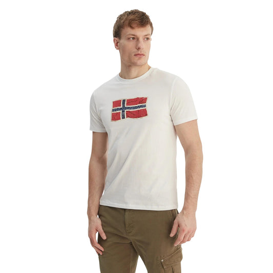2458192 Napapijri T-Shirt Beige Cotone Stampa Scollo Tondo Uomo