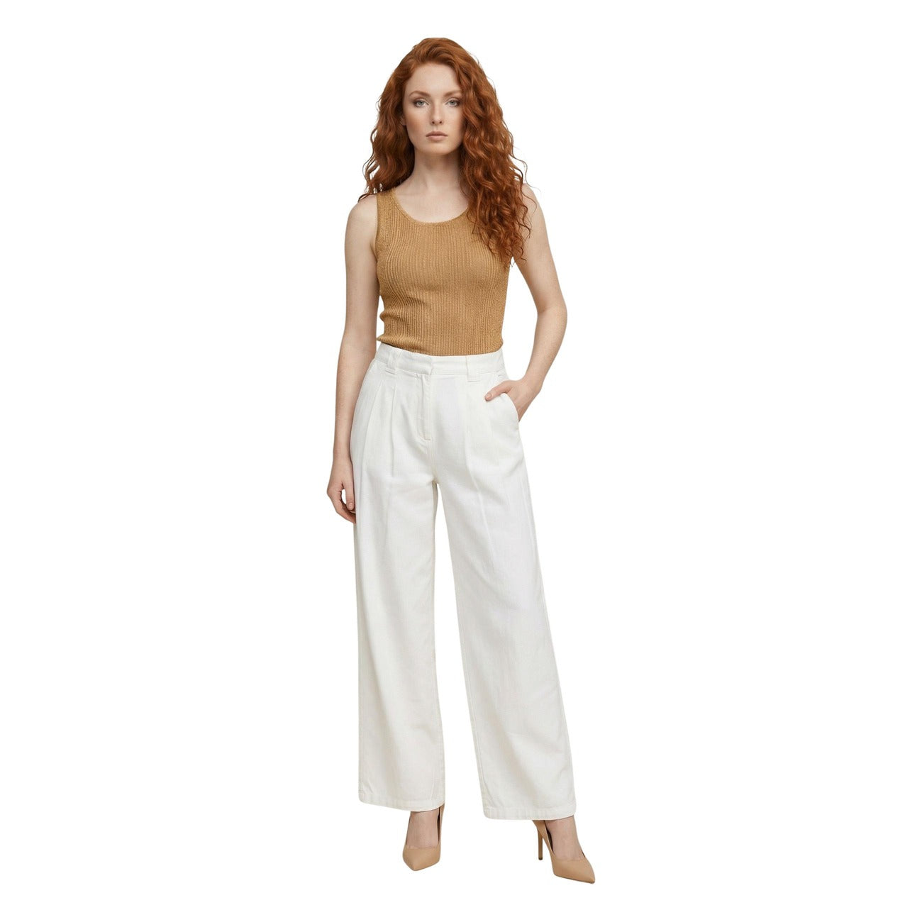 516214 Only Pantaloni Beige Lino Viscosa Donna