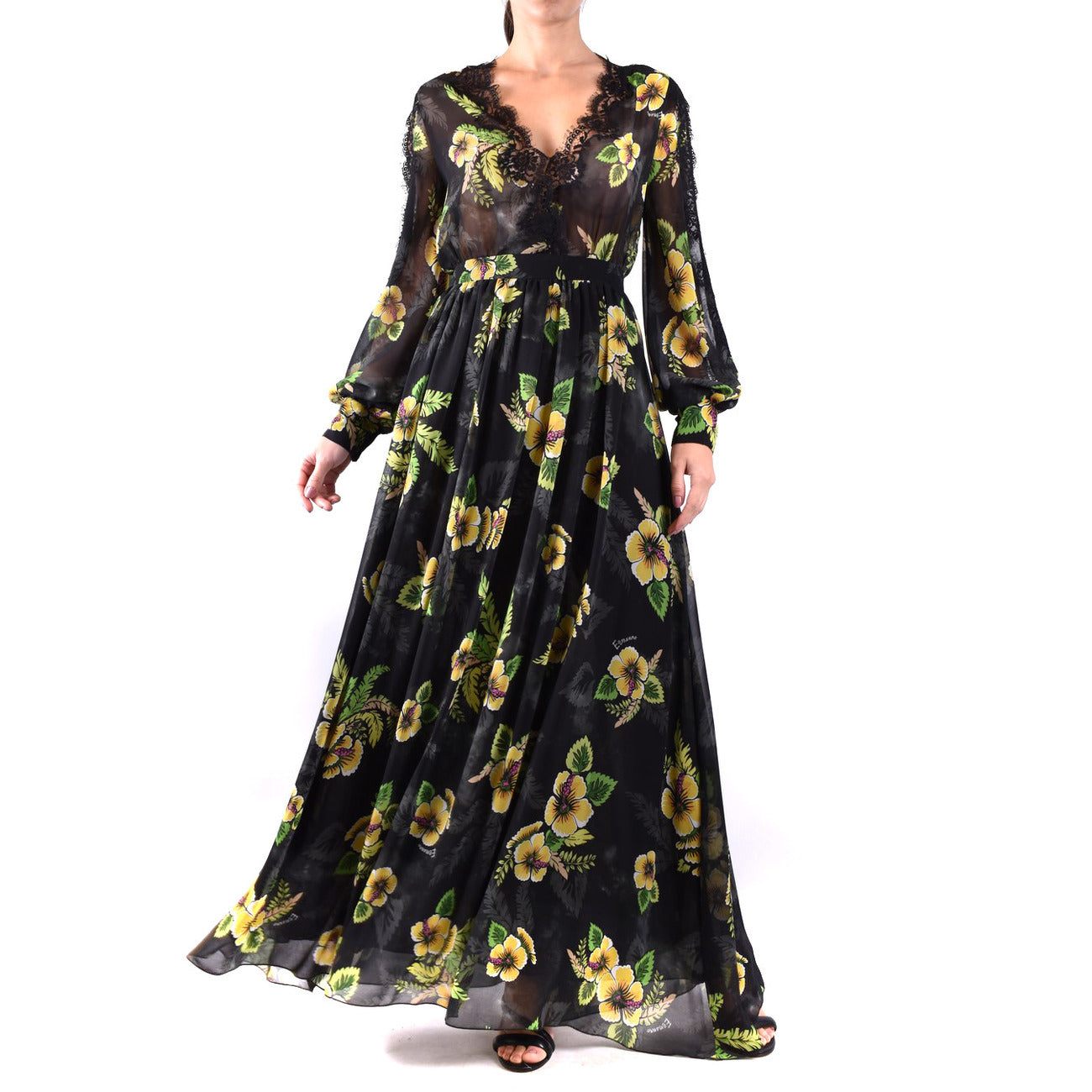 2438485 Ermanno Scervino Abito Nero Floreale Maniche Lunghe Donna