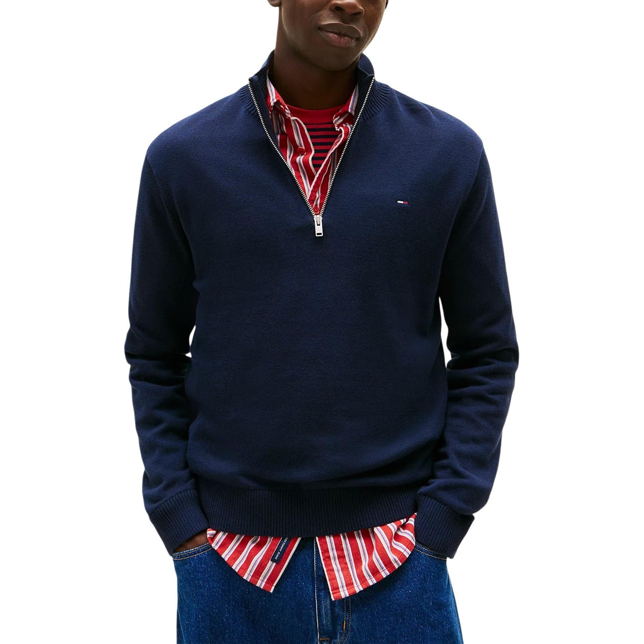 2451830 Tommy Hilfiger Jeans Felpa Blu Zip Collo Alto Uomo