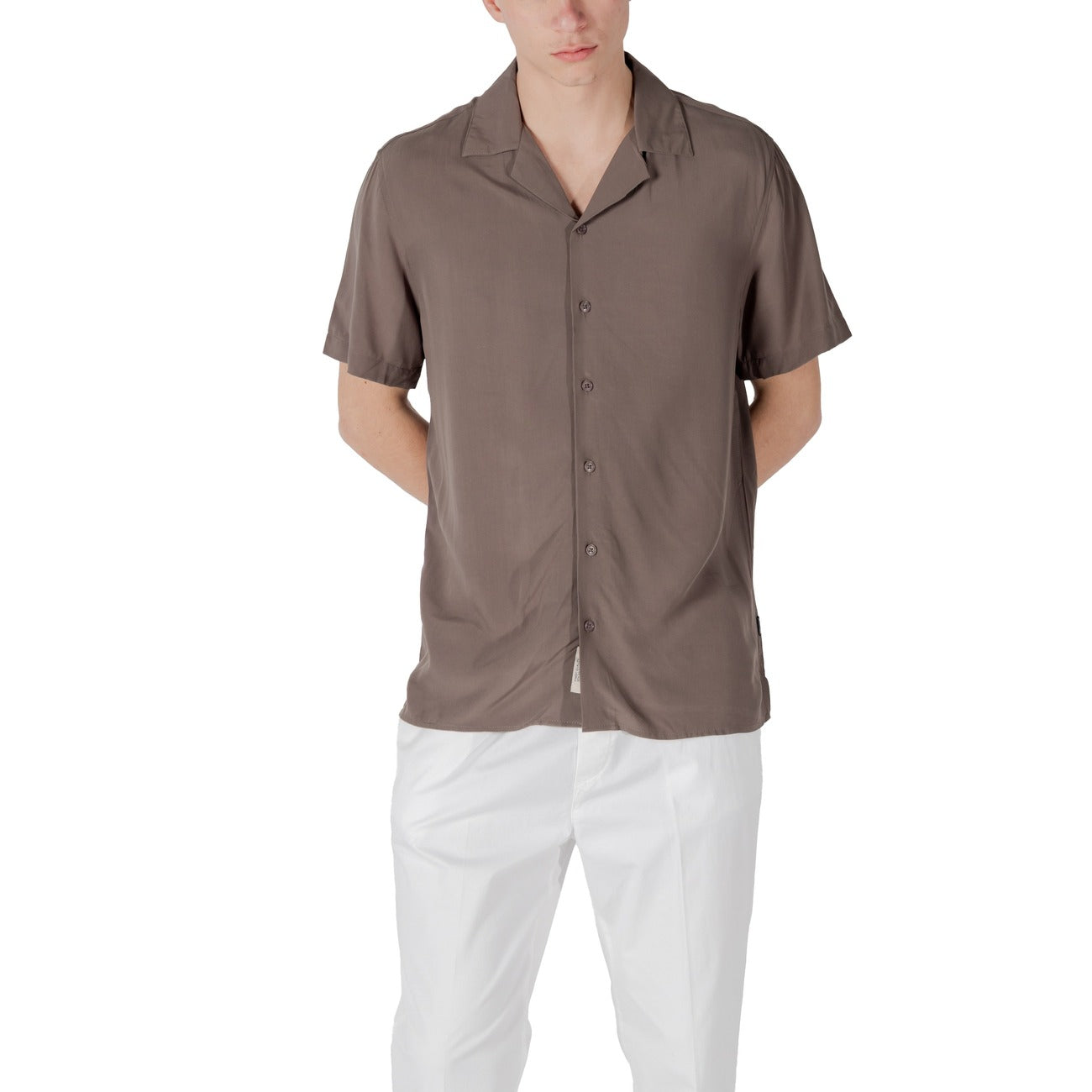 2417737 Gianni Lupo Camicia Marrone Viscosa Maniche Corte Uomo