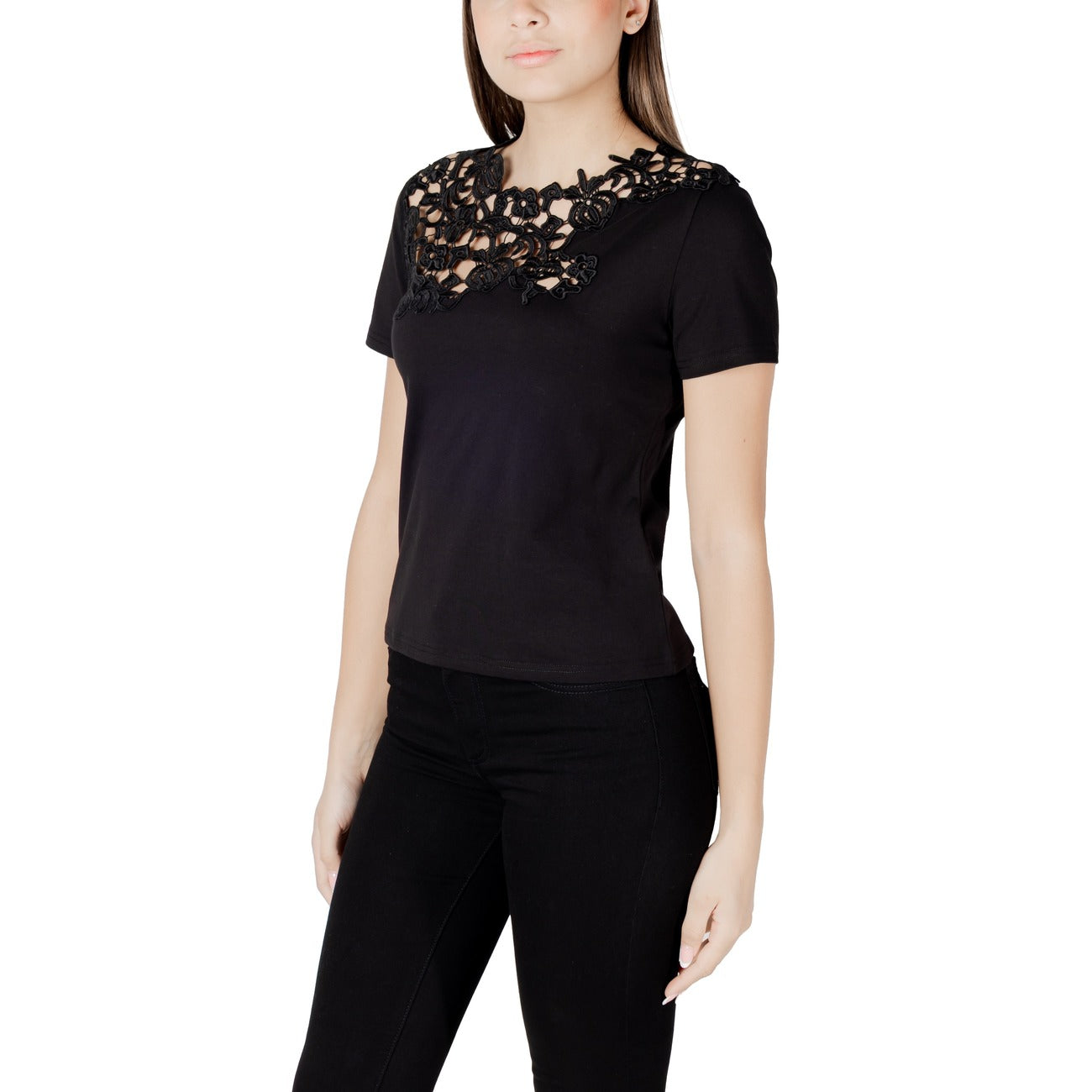 2418614 Morgan De Toi T-Shirt Nera Bottone Scollo Tondo Donna