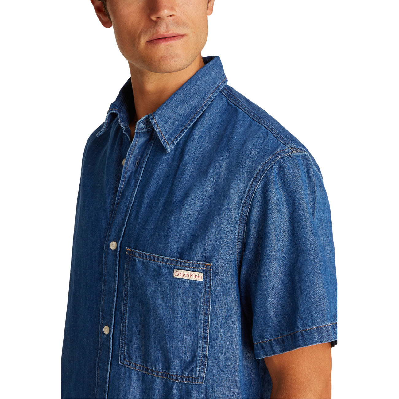 2419845 Calvin Klein Jeans Camicia Azzurra Misto Lino Uomo