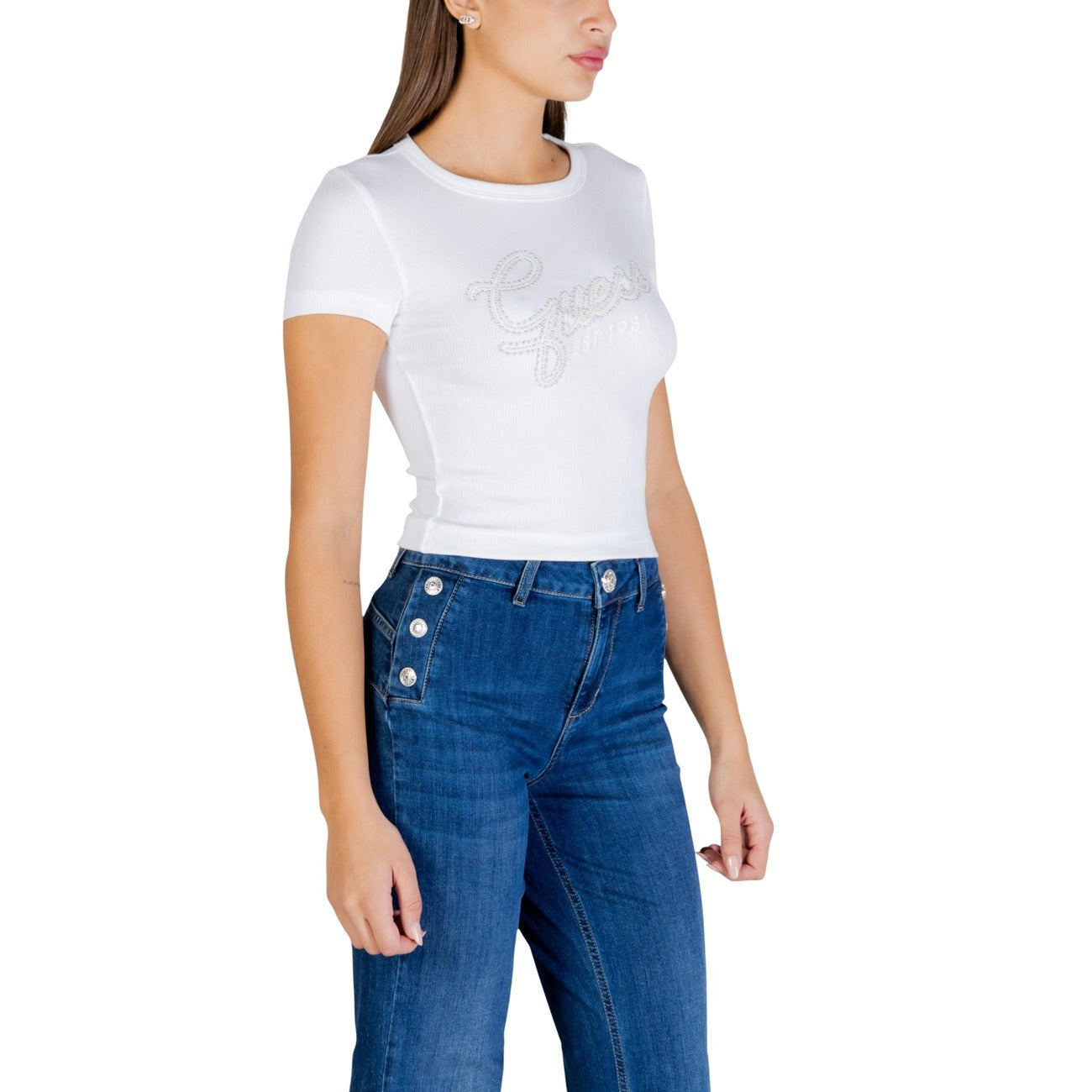 2448726 Guess T-Shirt Bianca Stampa Strass Donna