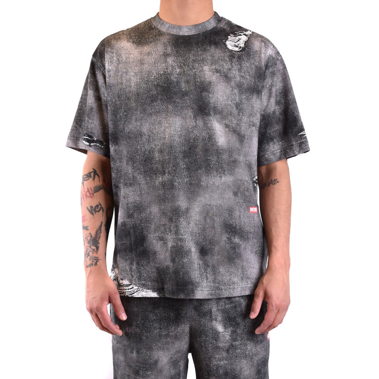 2428860 Diesel T-Shirt Nera Melange Effetto Consumato Uomo