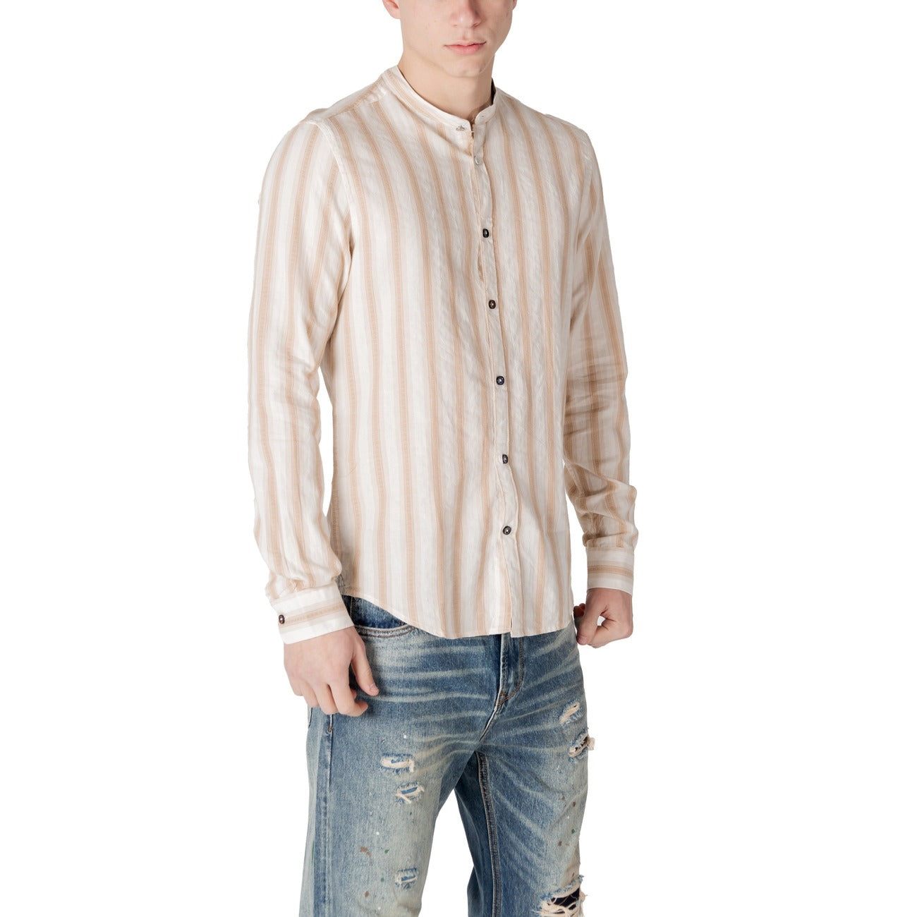 2413216 Gianni Lupo Camicia Beige Righe Uomo