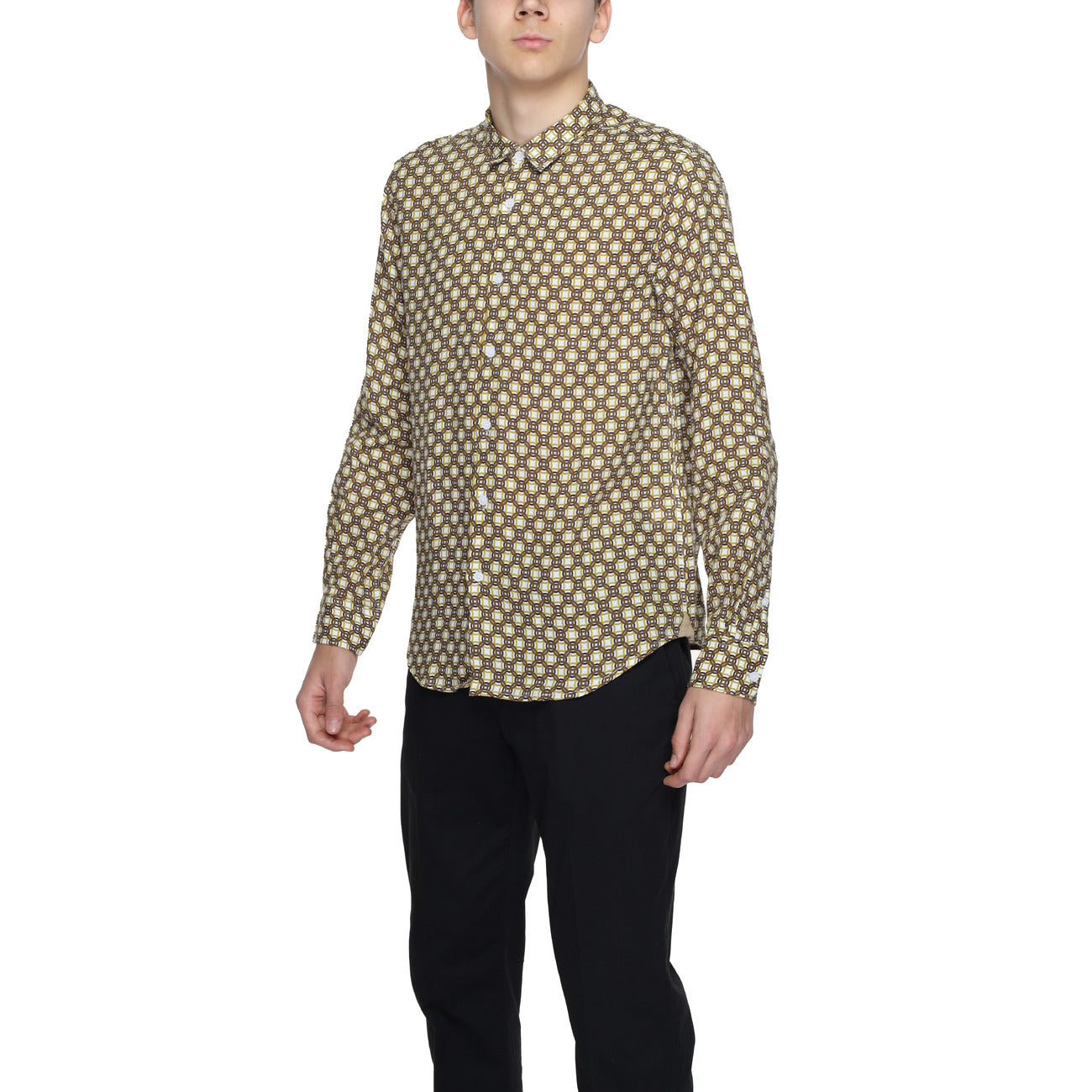 2220354 Gianni Lupo Camicia Beige Lino Geometrica Maniche Lunghe Uomo