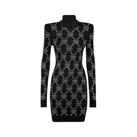 2431096 Philipp Plein Abito Nero Lungo Donna Lana Fantasia Geometrica
