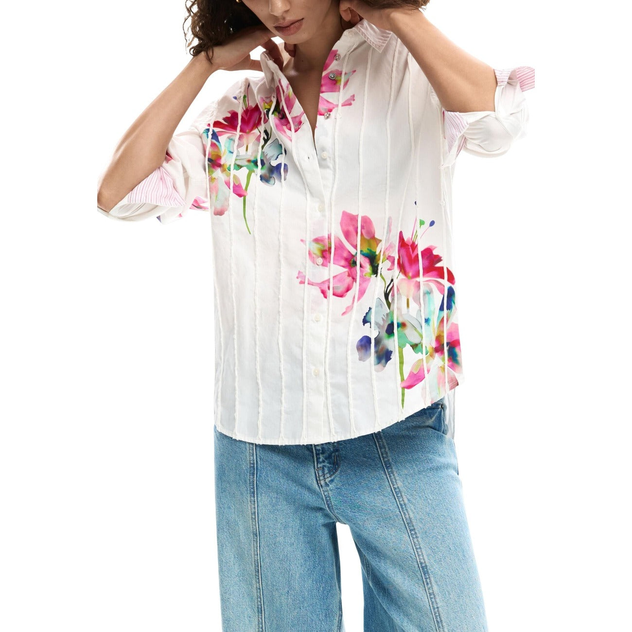 2452922 Desigual Camicia Bianca Floreale Cotone Donna