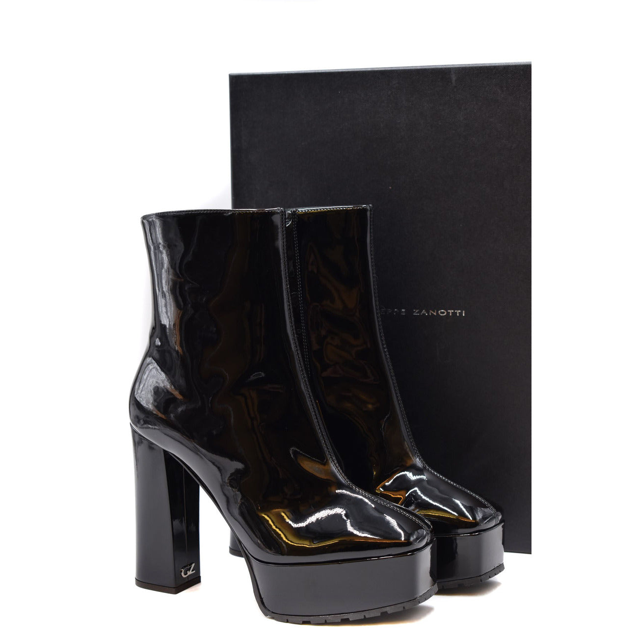 2437849 Giuseppe Zanotti Stivaletti Neri Pelle Lucida Plateau Tacco Largo Donna