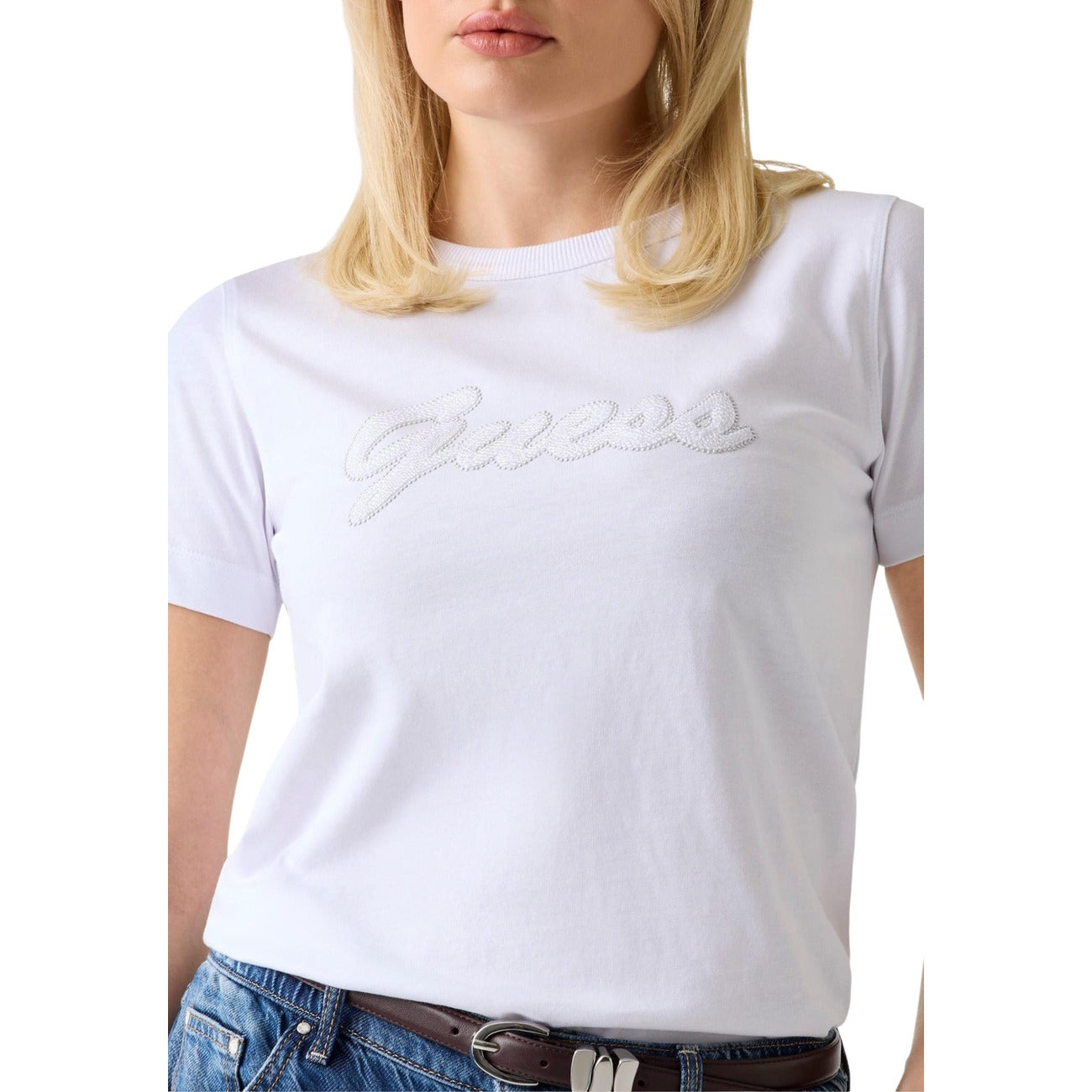 2454366 Guess T-Shirt Donna Bianca Stampa Cotone