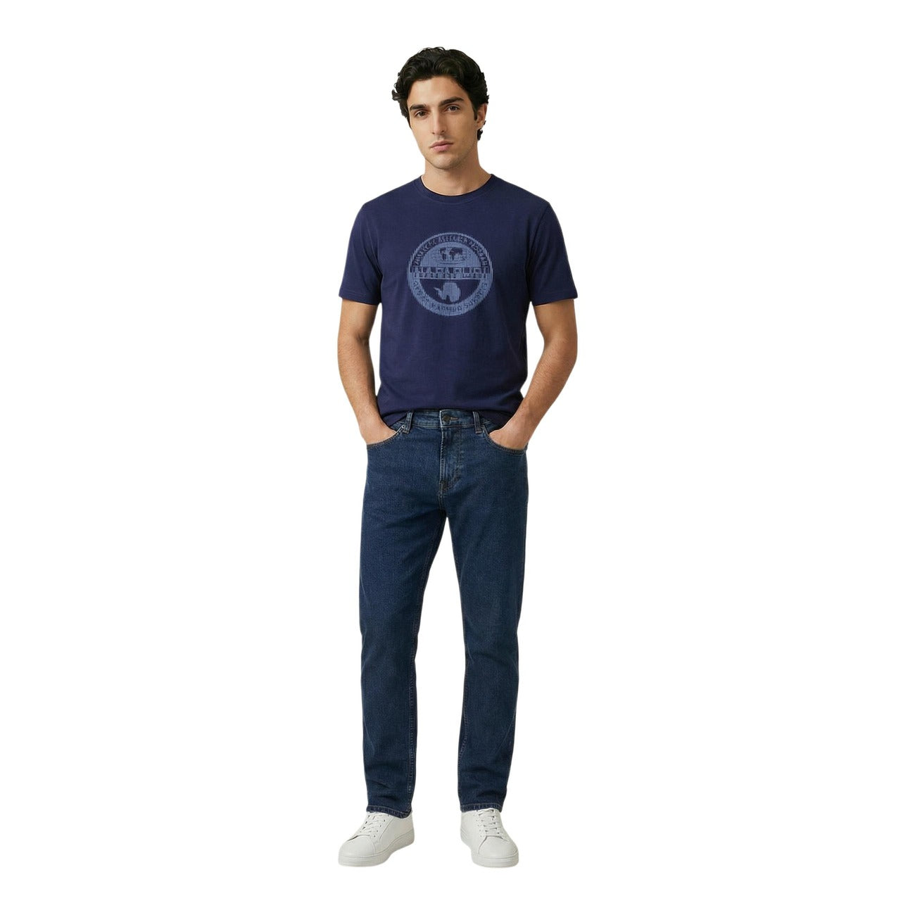 2458750 Napapijri T-Shirt Blu Cotone Stampa Scollo Tondo Uomo