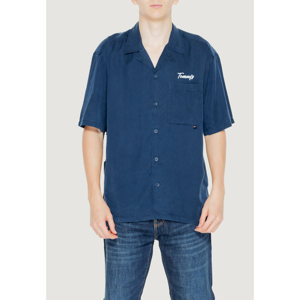 Camicia Blu Lyocell Stampa Maniche Corte Uomo
