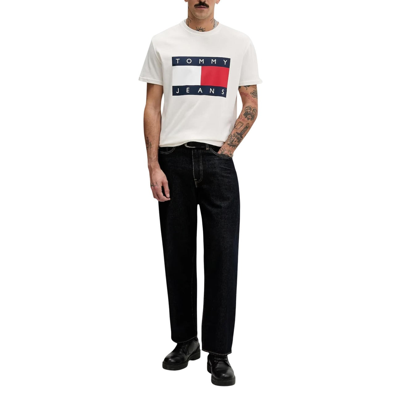 2447452 Tommy Hilfiger Jeans T-shirt Bianca Stampa Cotone Organico Uomo