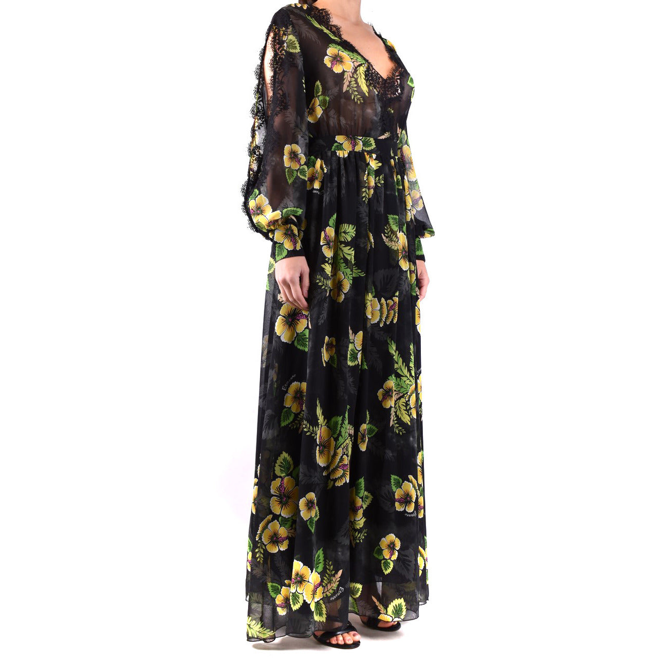 2438485 Ermanno Scervino Abito Nero Floreale Maniche Lunghe Donna