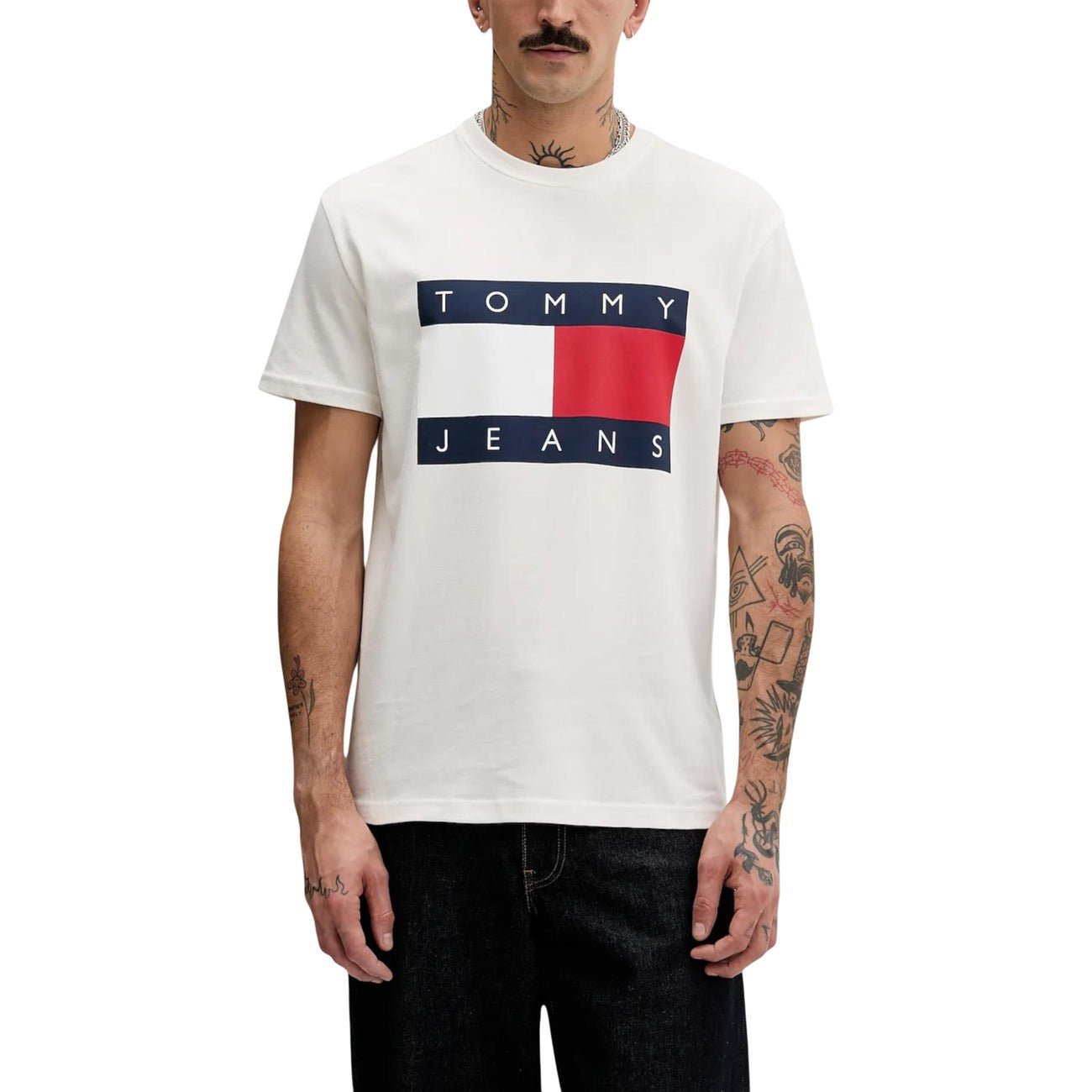 2447452 Tommy Hilfiger Jeans T-shirt Bianca Stampa Cotone Organico Uomo
