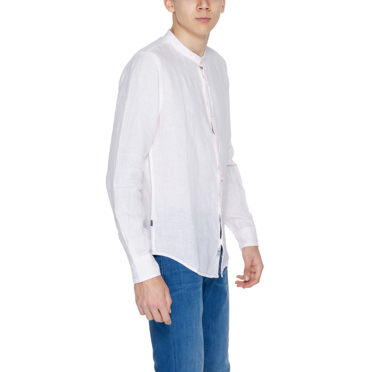 2252150 Blauer Camicia Rosa Lino Colletto Coreano Uomo