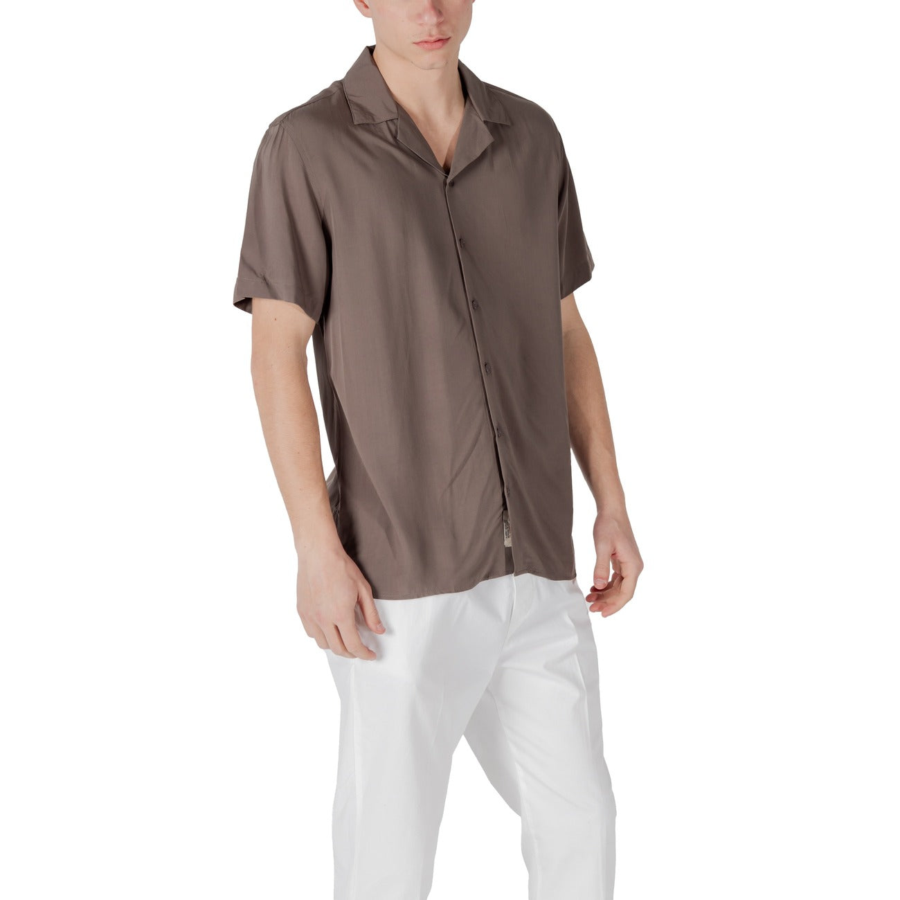 2417737 Gianni Lupo Camicia Marrone Viscosa Maniche Corte Uomo