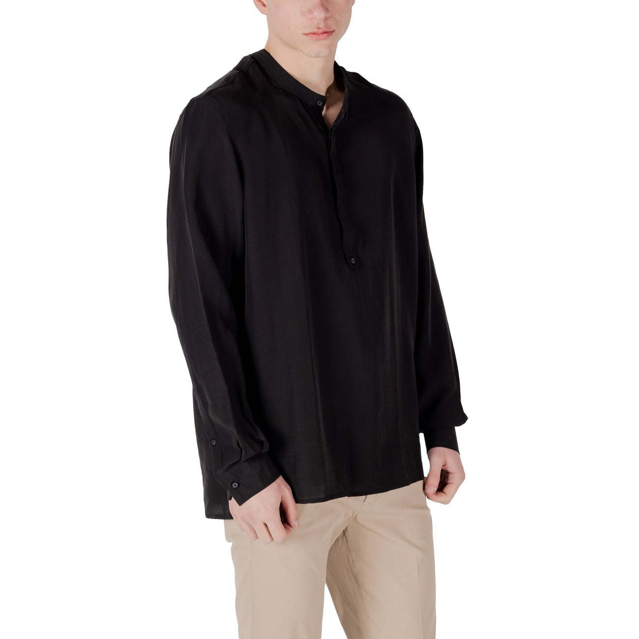 2420142 Antony Morato Camicia Nera Lyocell Lino Colletto Coreana Uomo