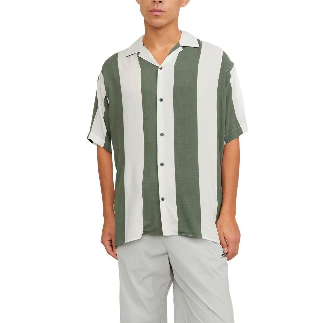 2223845 Jack & Jones Camicia Verde Viscosa Righe Maniche Corte Uomo