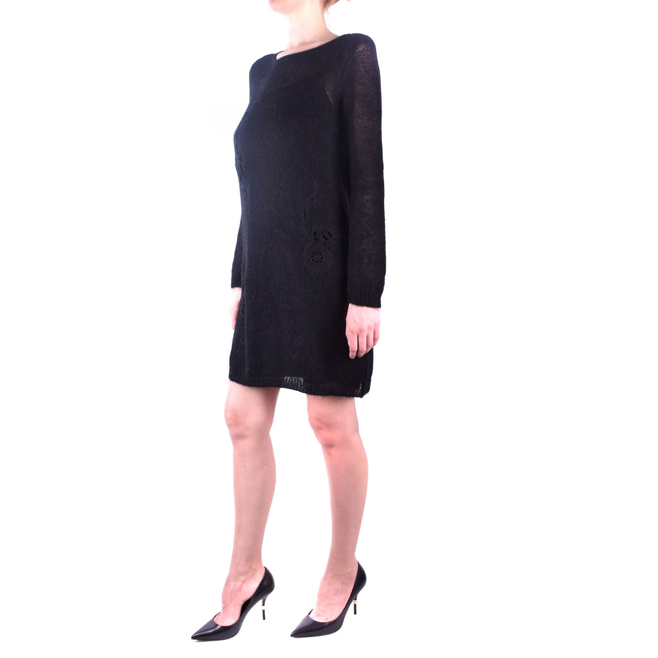 2426307 Twin-Set Abito Nero Corto Donna Lana Mohair Scollo Barca