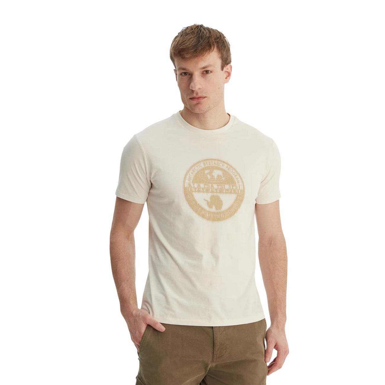 2458385 Napapijri T-Shirt Bianca Cotone Stampa Scollo Tondo Uomo