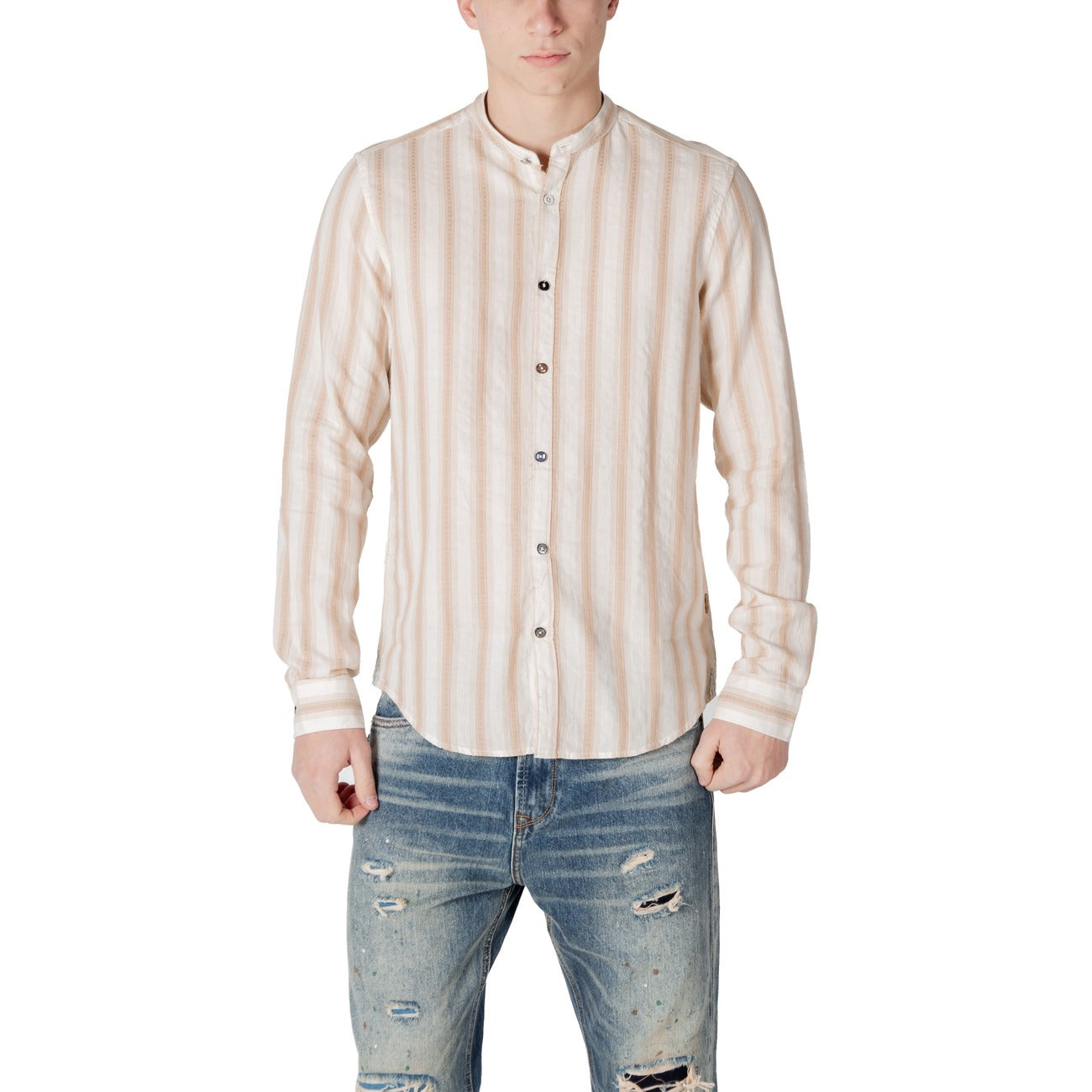 2413216 Gianni Lupo Camicia Beige Righe Uomo