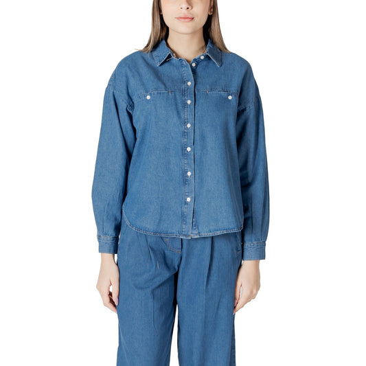2413628 Ichi Camicia Azzurra Colletto Classico Tasche Donna
