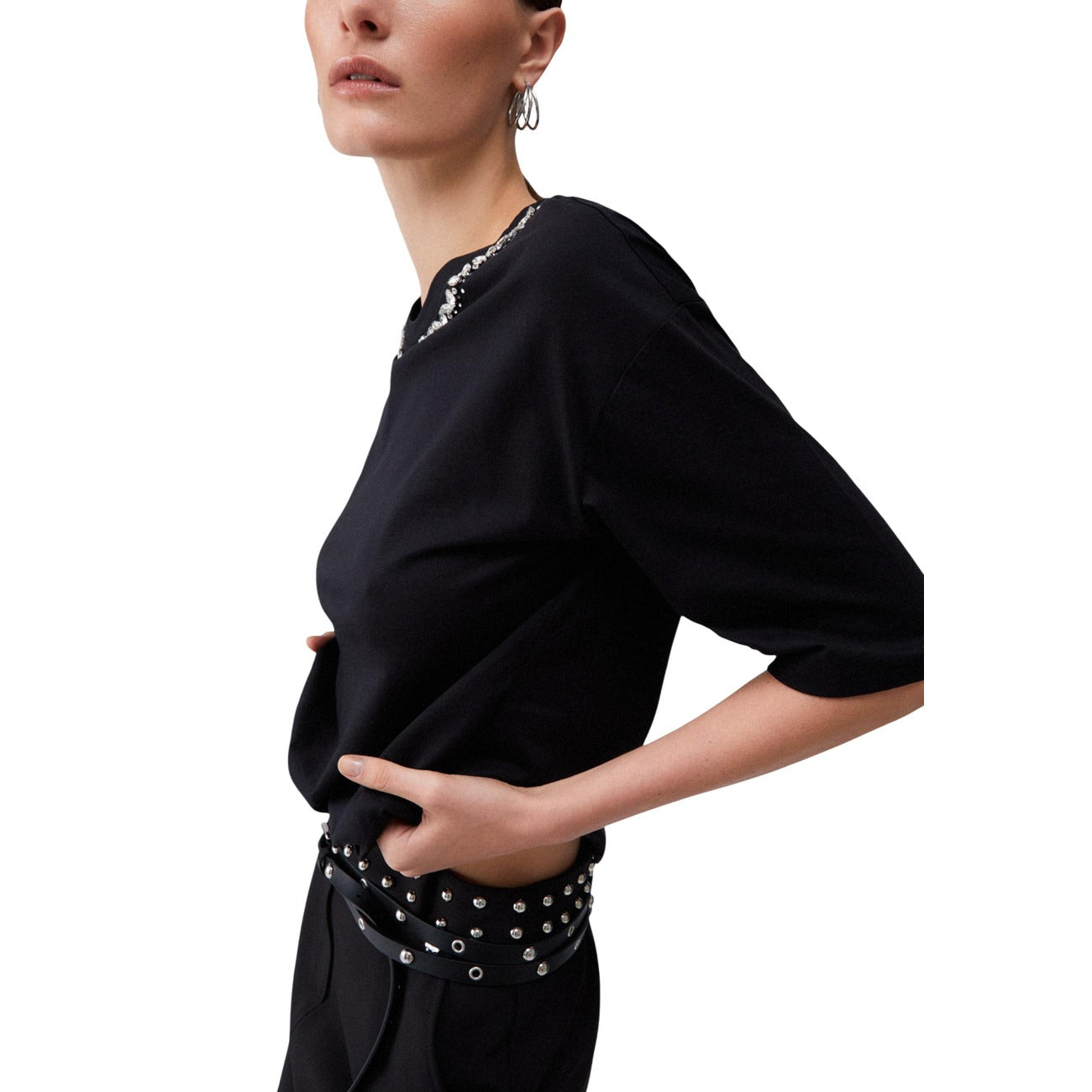 2450722 Liu Jo T-Shirt Donna Nera Cotone Strass