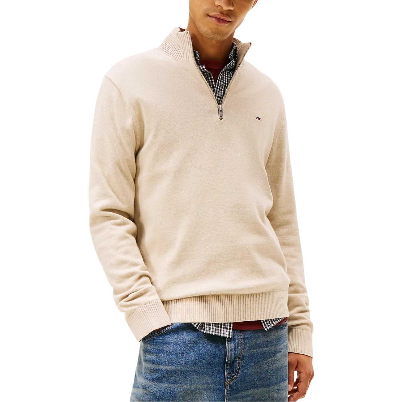 2451776 Tommy Hilfiger Jeans Felpa Beige Zip Collo Alto Uomo